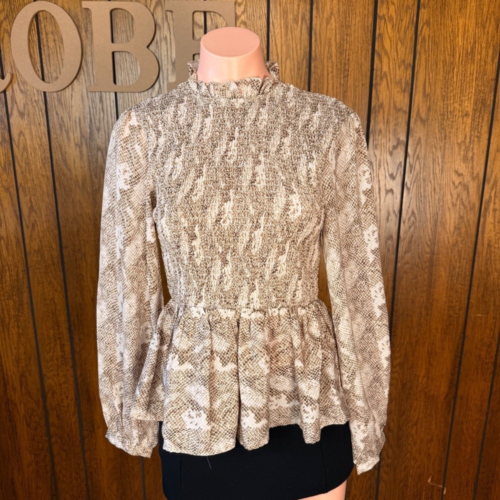 Brown Snakeskin Peplum Blouse In The Beginning Womens S Smocked Mock Neck Top